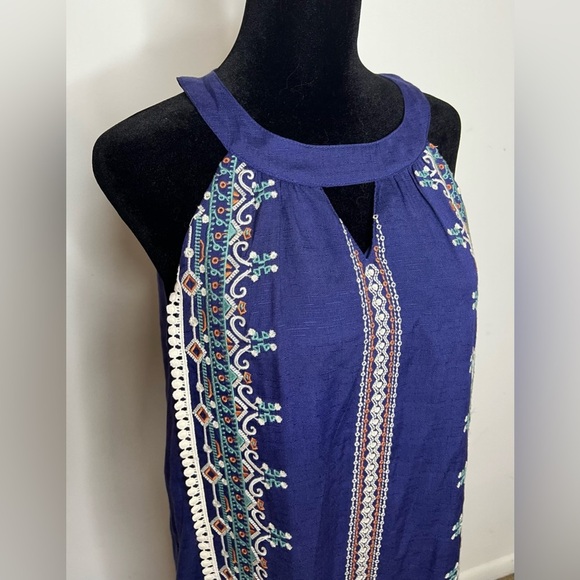 Women's THML Navy Blue Embroidered Halter Shift Dress boho resort wear Small EUC - Picture 2 of 9